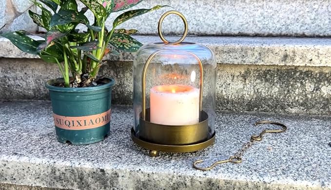 5"x7.5" Versatile Modern Metal Hurricane Lantern with Handmade Sturdy Glass Dome for 3" Pillar Candle & Plants (Brass, 5"x7.5" for 3" Pillar)-Ruum Studio Home