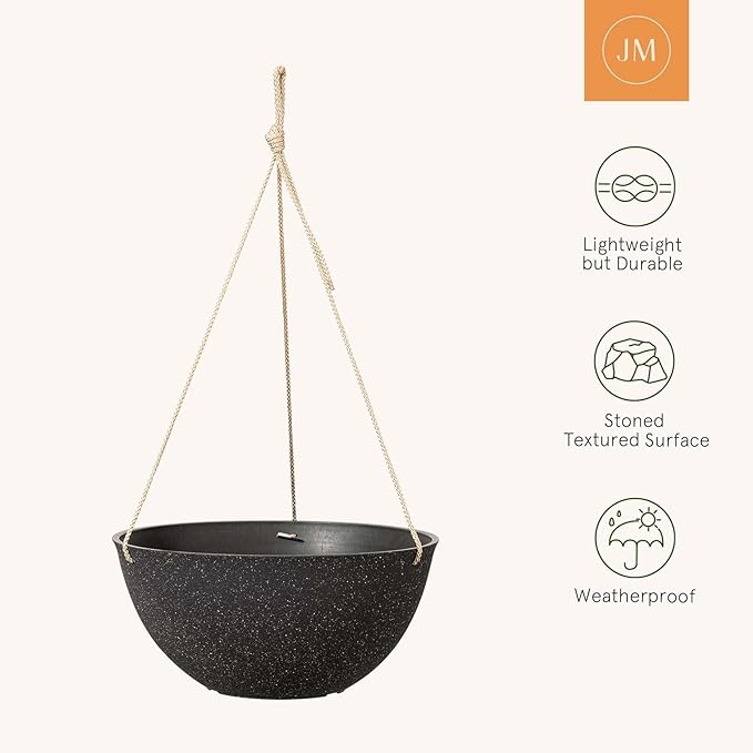 LA JOLIE MUSE Large Hanging Planters for Outdoor Plants - 13 Inch Hanging Basket for Patio Set of 2, Speckled Black-Ruum Studio Home