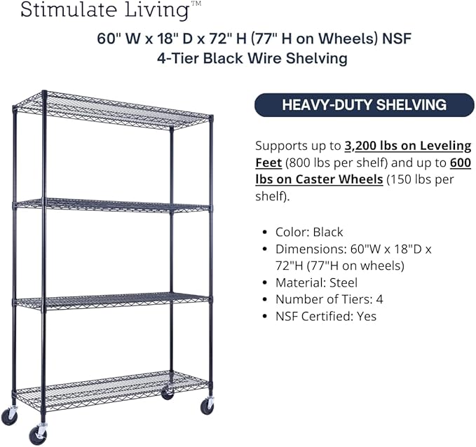 60"x18"x72" Prime Heavy Duty Black 4-Tier Wire Shelving NSF 3200 LBS MAX Capacity Storage Rack for Commercial, Hospital, School, Garage, and Kitchen Uses (with Wheels)-Ruum Studio Home