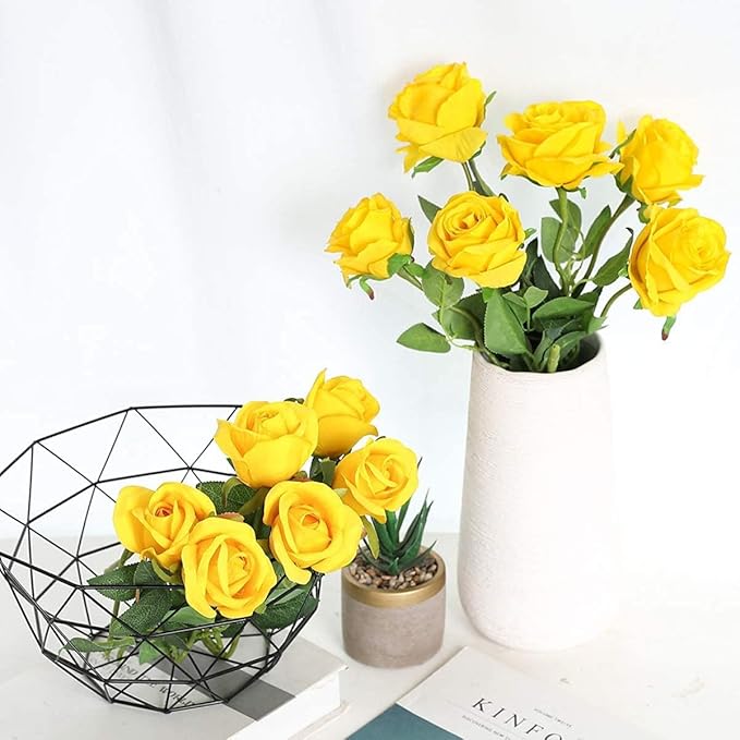 Yellow Fake Roses Artificial Flowers - 10 Pcs Fake Artificial Roses Silk Flowers with Stems for Home Wedding Hotel Office Centerpiece Decor-Ruum Studio Home