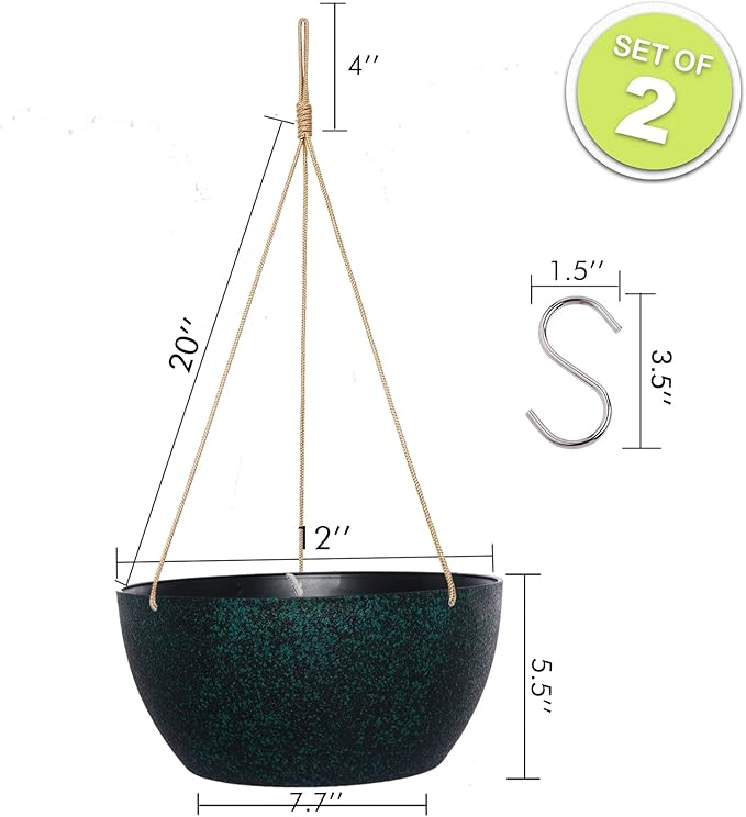 12 Inch 2 Pack Large Hanging Planters for Indoor Outdoor Plants, Plastic Hanging Basket Pots for House Plants Flowers, Black Speckles-Ruum Studio Home