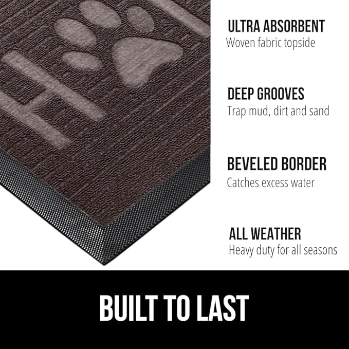 GORILLA GRIP 100% Waterproof All-Season WeatherMax Doormat 35x23, US Designed Natural Rubber, Stain and Fade Resistant, Low Profile Indoor Outdoor Door Mats, Easy Clean Patio Mat, Espresso Home Paw-Ruum Studio Home
