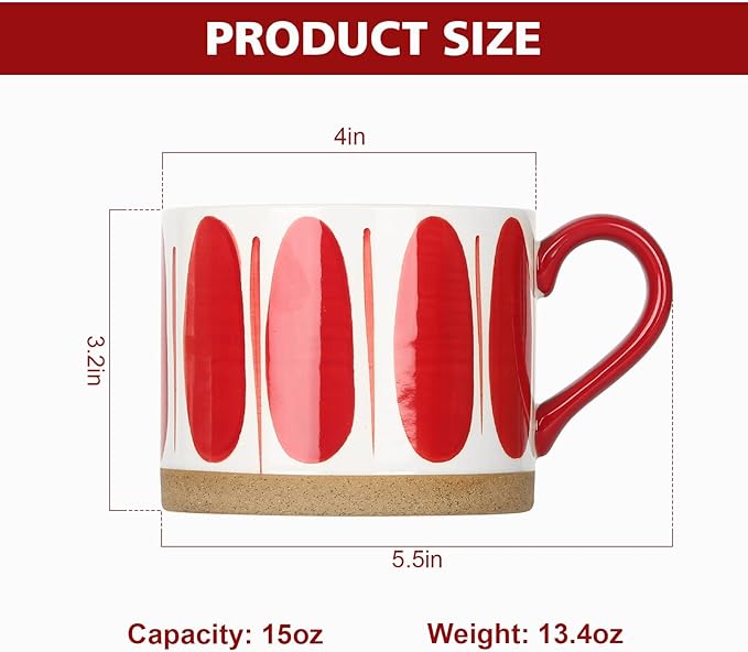 Koja Hand Painted 15 oz. Porcelain Ceramic Mugs Set. Service for 4. (Hand Painted - Red)-Ruum Studio Home