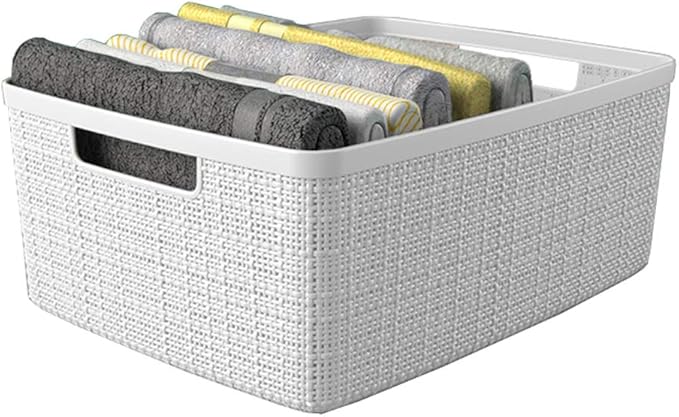 Curver Set of 6 Jute Medium Decorative Plastic Organization and Storage Baskets, Perfect Bins for Home Office, Closet Shelves, Kitchen Pantry and All Bedroom Essentials, White-Ruum Studio Home