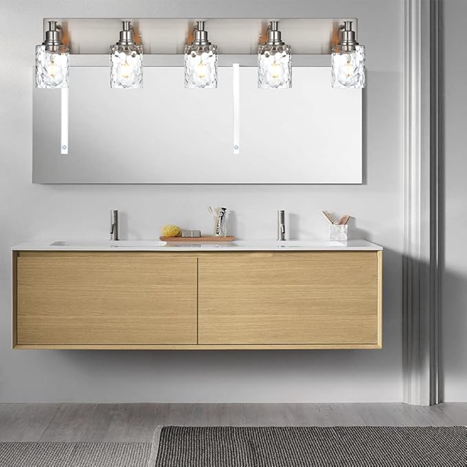 BONLICHT 5 Lights Sconces Wall Lighting Brushed Nickel with Hammered Glass Shade, Industrial Bathroom Light Fixtures Vanity Lights Porch Light Fixtures Classic Metal Wall Mount Lamp Over Mirror-Ruum Studio Home