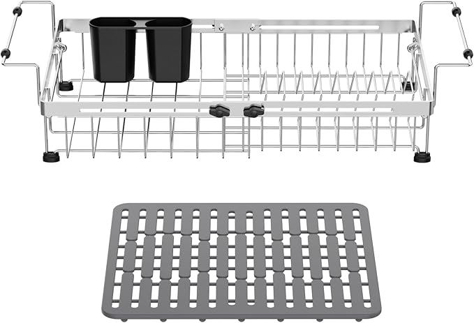 GSlife Expandable Sink Dish Drying Rack - Stainless Steel Capacity Adjustable Over The Sink Dish Rack (13.4''-20.4'') with Sink Mat and Utensil Holder, Silver-Ruum Studio Home