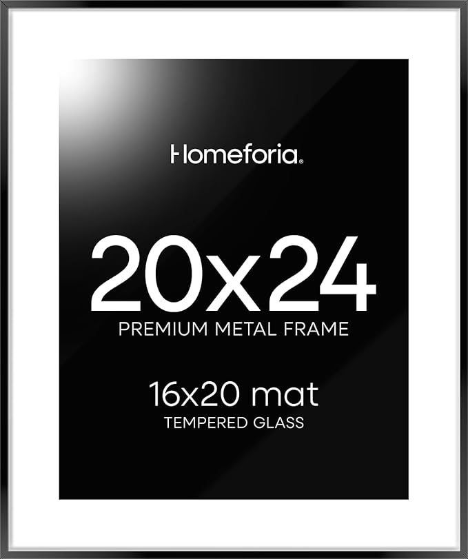 Homeforia 20x24 Picture Frame Black, High End Metal 20x24 Frame Matted to 16x20 Print, 20 x 24 Black Poster Frames with Mat 16 by 20 inch Photo, 24x20 Hanging Frame, Tempered Glass, Wall Kit, Set of 1-Ruum Studio Home