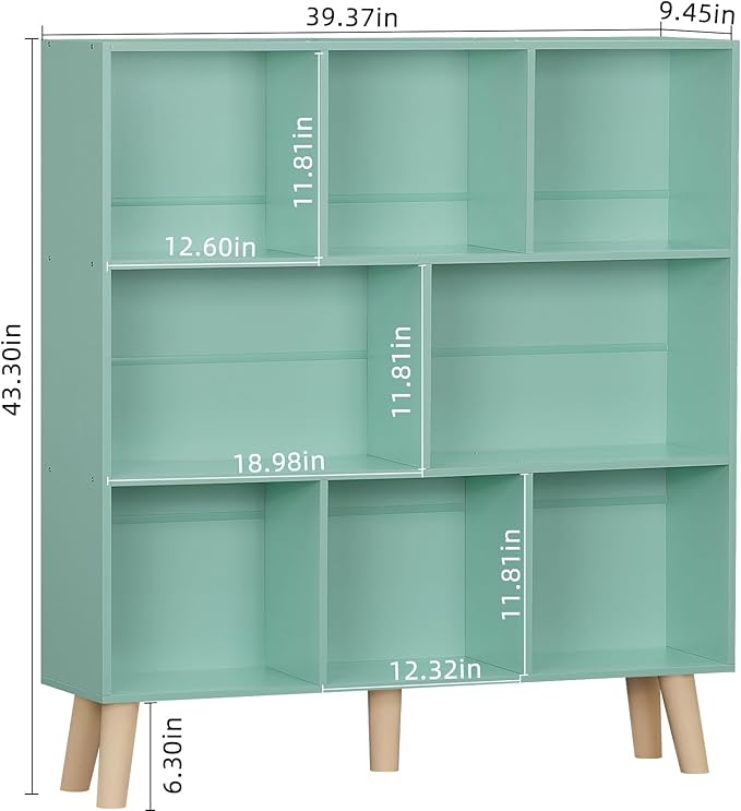 LEYAOYAO 8 Cube Bookshelf 3-Tier Bookcase with Legs, Mint-Green Kids Book Shelf Cute Storage Organizer, Large Open Toy Shelves Modern Bookshelves,Display Bookcases for Bedroom,Living Room,Nursery-Ruum Studio Home