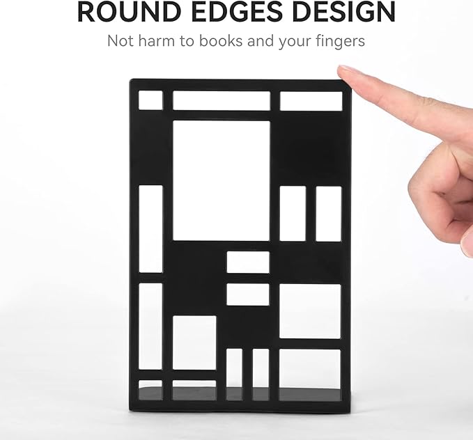 Book Ends, Bookends, Book Ends for Shelves, Bookends for Heavy Books, Book Divider Decorative Holder, Metal Heavy Duty Bookend Black 2 Pair, Abstract Art Desgin Book Stopper Supports for Office, Home-Ruum Studio Home