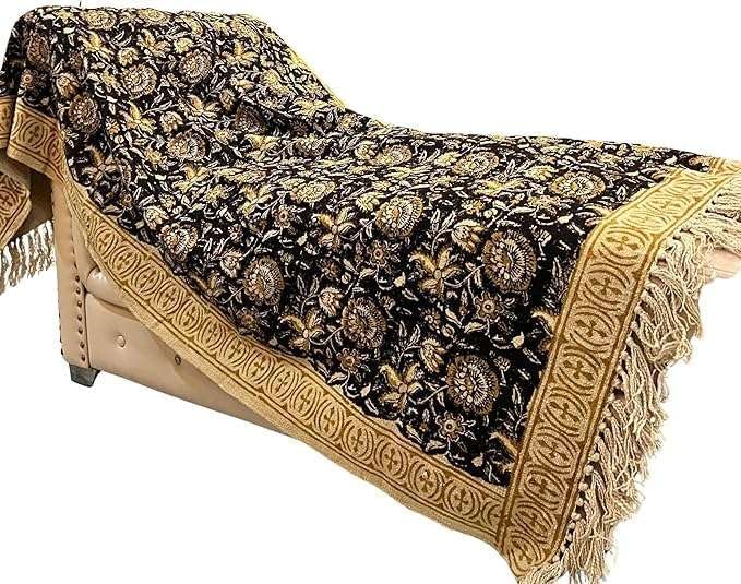 Bohemian Floral Cotton Throw Blanket with Tassels | 48x70 Inch Handblock Printed Sofa Throw | Black & Gold Decorative Bed Cover | Lightweight Couch Throw for Living Room & Bedroom-Ruum Studio Home