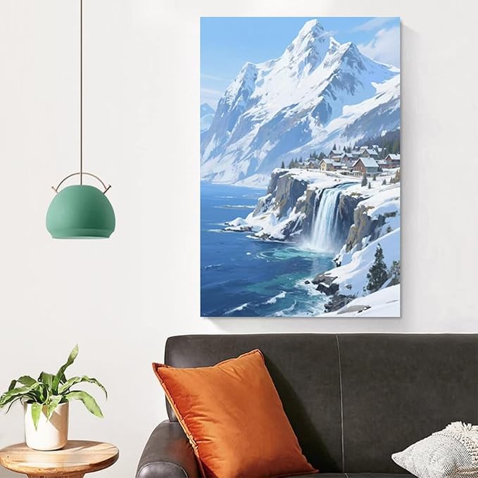 Winter lakeside town and snowy scenery merge together to form a landscape poster wall art suitable for living room bedroom and office-Ruum Studio Home