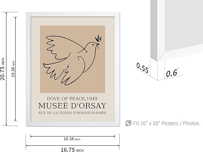 Poster Master Vintage Poster - Retro Minimalist Print - Gift for Artist, Friend - Dove Of Peace, Line Drawing, Sketch, Abstract - Wall Decor for Living Room, Bedroom, 16x20 White Framed-Ruum Studio Home