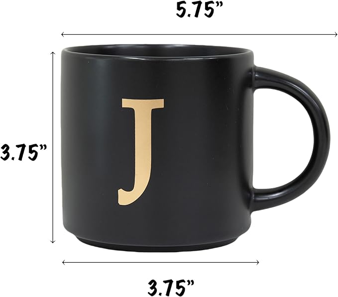 COLLECTIVE HOME - Monogram Ceramic Mugs, 15 oz Golden Initial Black Coffee Cups, Elegant Alphabet Tea Mugs, Elegant Personalized Mug with Gift Box, Unique Mug with Double Side Capital Lette (J)-Ruum Studio Home