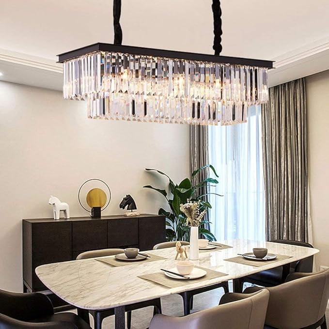 Modern K9 Crystal Chandelier Pendant Light Fixture, Rectangular Ceiling Lamp with 8-Lights for Dining Room & Kitchen, Finished in Chrome, L33.5 Inch-Ruum Studio Home