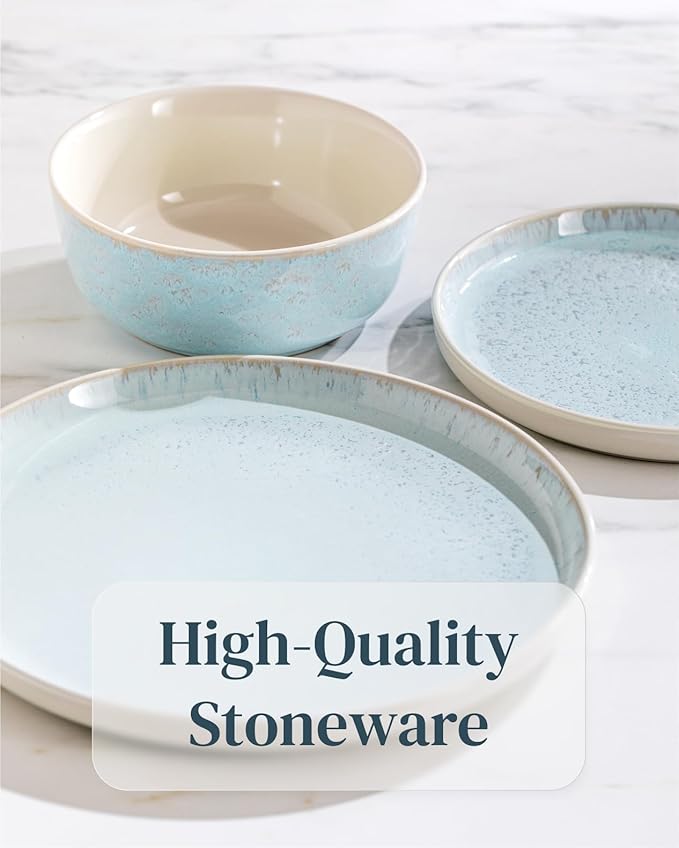 12 Piece Dinnerware Sets for 4 - Modern Style Stoneware Dinnerware Set - Scratch Resistant, Dishwasher, Microwave Safe Plates and Bowls Sets Ceramic, Bowl and Plate Set - Beige and Light Blue…-Ruum Studio Home