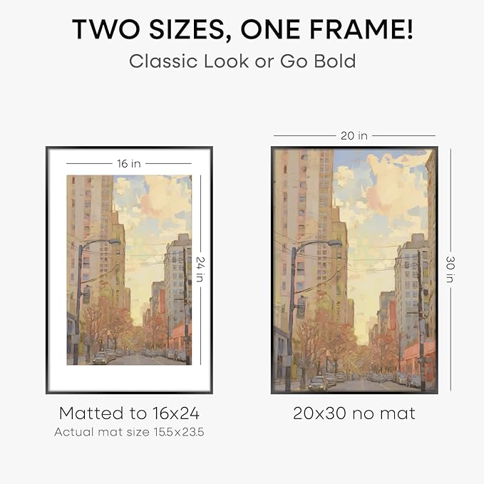 Homeforia 20x30 Poster Frame Black, High End Metal 20 x 30 Picture Frames with Mat 16 by 24 inch Photo, 30x20 Large Frame for Wall, 20x30 Thin Frame Matted to 16x24, Tempered Glass, Wall Kit, Set of 1-Ruum Studio Home