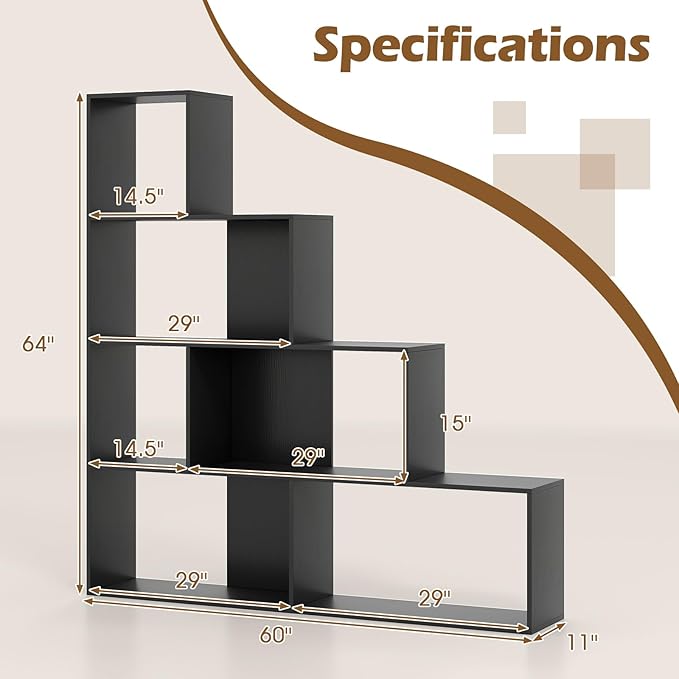 Tangkula 4-Tier Stepped Bookshelf, Freestanding 6 Cubes Ladder Bookcase with Anti-Tipping Kits, 64" Tall Modern Wooden Storage Display Rack for Home Office Living Room Study (2, Black)-Ruum Studio Home