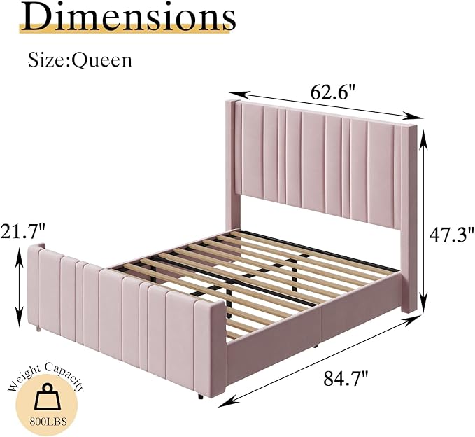 HOMBCK Queen Bed Frame Pink Upholstered Bed with Vertical Channel Tufted Headboard & 22" Footboard, Noise Free/Wooden Slats/Noise Free/No Box Spring Needed/Easy Assembly-Ruum Studio Home