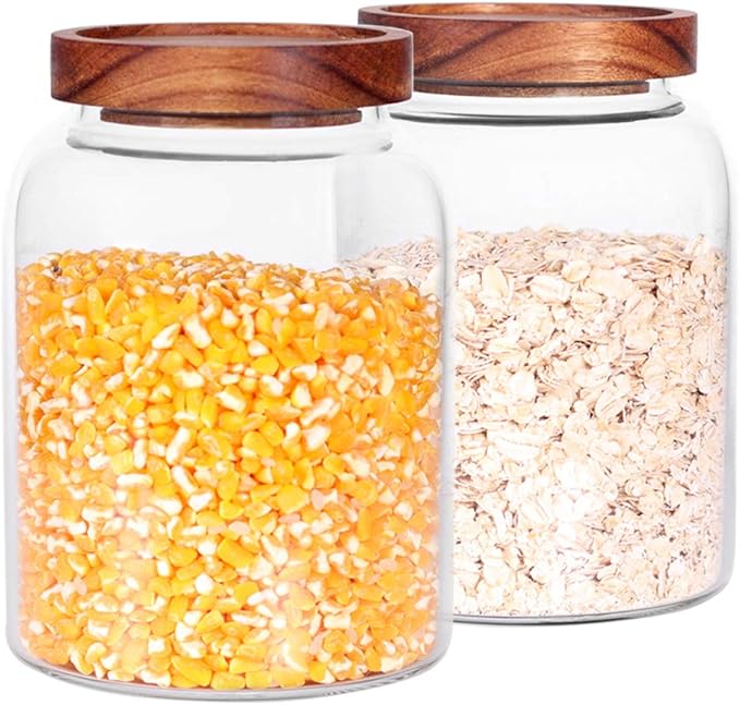 Glass Storage Jars with Airtight Lids, Set of 2 42 FL OZ (1250ml) coffee container with Wooden Lid, Glass Pantry Canister for Beans, Rice, Sugar and etc (6.3 inch high)-Ruum Studio Home