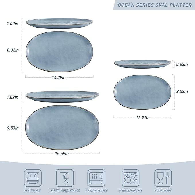 famiware Serving Platter, Oval 15.59/14.3/12.9inch Serving Dishes for Entertaining, Serving Bowls, Reactive Glaze, Stoneware Serving Trays for Party, Food, Turkey, Cheese, Ocean Series, Blue-Ruum Studio Home