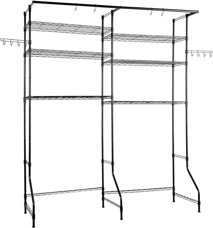 VEVOR Over The Washer and Dryer Storage Shelf, 6 Tier Laundry Room Drying Rack with Hanger Rod and Hooks, Adjustable Over Washer and Dryer Shelves, Laundry Room Shelf Storage Space Saver, Black-Ruum Studio Home