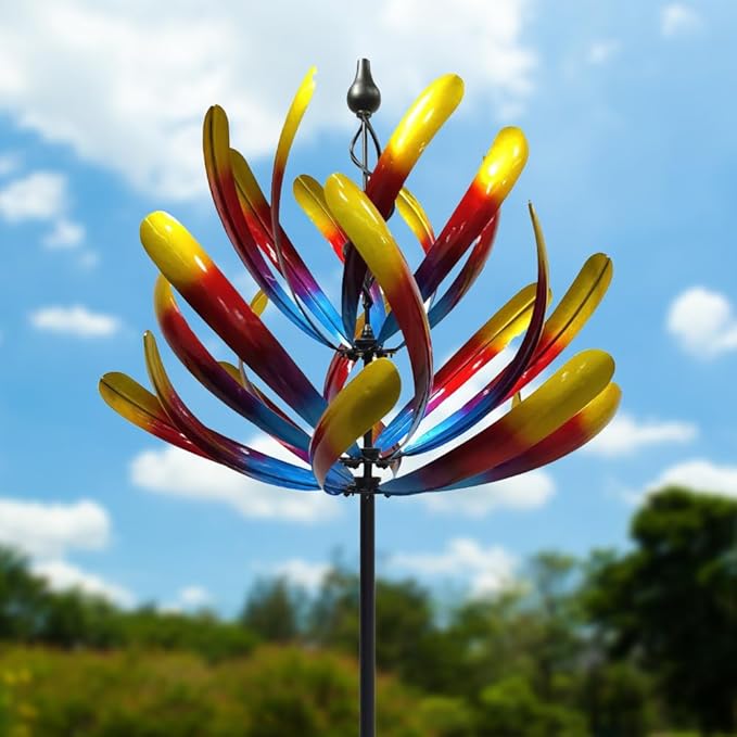 Large Wind Spinners - Decorative Garden Whirligigs - Durable Metal Flower Art - Ideal for Yard Decor and Gifts Colorful 88" H x 27" W-Ruum Studio Home