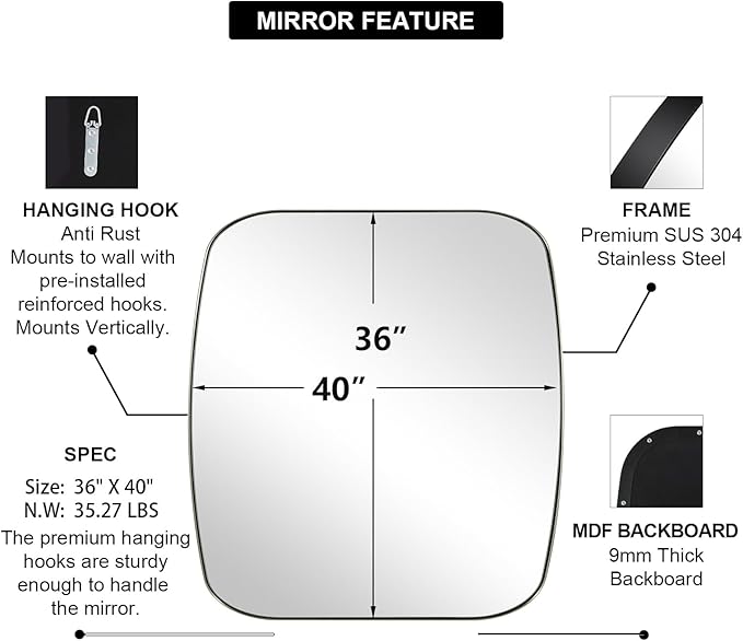 ANDY STAR Brushed Nickel Oblong Mirror, 36x40 Inch Brushed Nickel Oval Mirror for Bathroom with Stainless Steel Metal Frame, Wall Mouned for Bathroom, Living Room, Entryway-Ruum Studio Home
