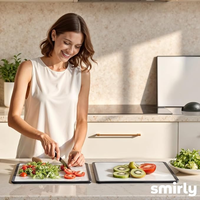 SMIRLY Plastic Cutting Board Set with Holder 3 Pieces, Non-Slip Dishwasher Safe Chopping Boards for Kitchen, Black & White-Ruum Studio Home