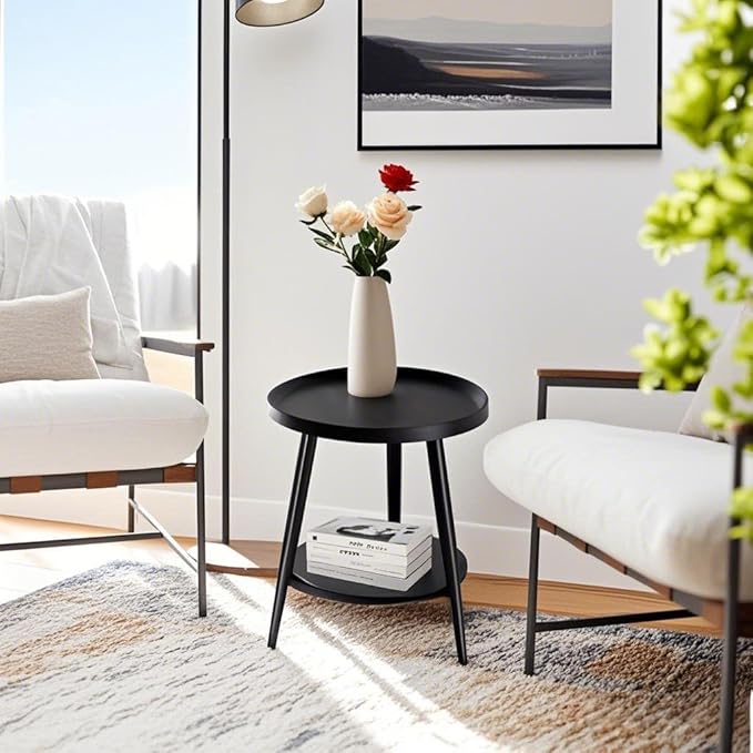 Small Round Side Table, 2-Tier Mid Century Modern Side Table, Round End Table Small Side Table for Living Room, Metal Frames, Black-Ruum Studio Home
