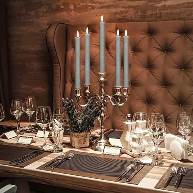 GenSwin Flameless Grey Taper Candles Flickering with 10-Key Remote, Battery Operated Led Warm 3D Wick Light Window Candles Real Wax Pack of 6, Christmas Home Wedding Decor(0.78 X 9.64 Inch)-Ruum Studio Home