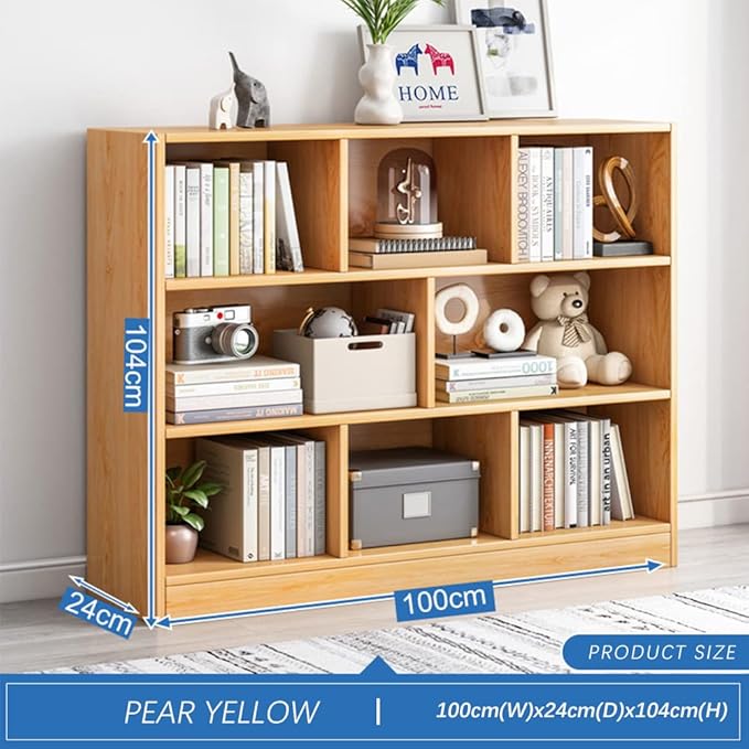 IOTXY Open Shelf Low Bookcase - Wooden 3-Tier Floor Standing Display Cabinet Organizer with Base, 8 Cubes Short Horizontal Bookshelf in Pear Yellow-Ruum Studio Home