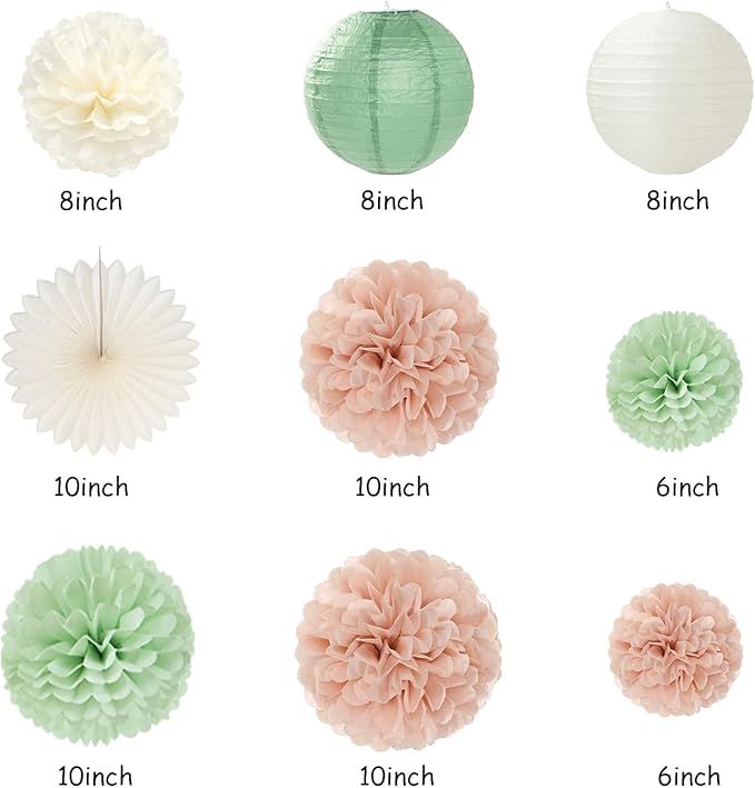 Sage-Green Blush-Pink Birthday Garland Party-Decorations - 14pcs Happy Banner 21st Spring Paper Flowers Lanterns Beige Tissue Pom Poms,Boho Streamers Fans,Neutral Rustic Hanging Supplies Decor Hugfond-Ruum Studio Home