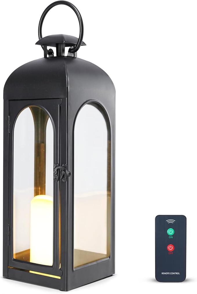 Bdor 20 Inches Metal and Stainless Steel Glass Decorative Lantern with Electronic Wax Effect - Indoor/Outdoor Decorative Lighting, Handcrafted Aesthetic, Perfect for Home, Parties, and Holiday Decor-Ruum Studio Home
