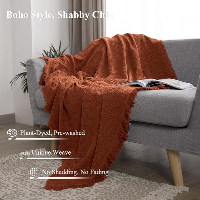 Simple&Opulence 100% Cotton Throw Blanket for Bed, Couch, Boho Luxury Geometric Woven Blanket with Tassels Soft Lightweight Cozy Breathable, Vintage Farmhouse Decoration for All-Season(Rust Orange)-Ruum Studio Home