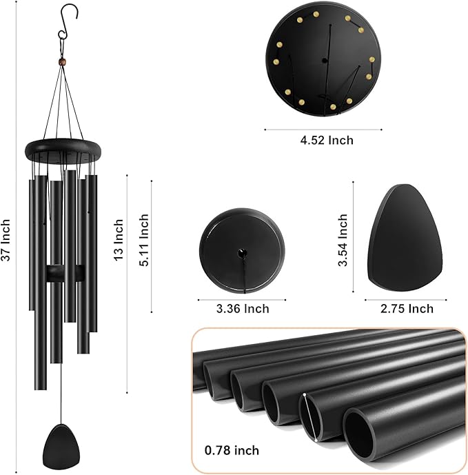 Large Aluminium Wind Chimes 37 Inches to Create a Zen Atmosphere Suitable for Outdoor, Garden, Patio Decoration. Classic Wind Chimes with Wind Catcher as a Gift for Unisex(Whole Black)-Ruum Studio Home