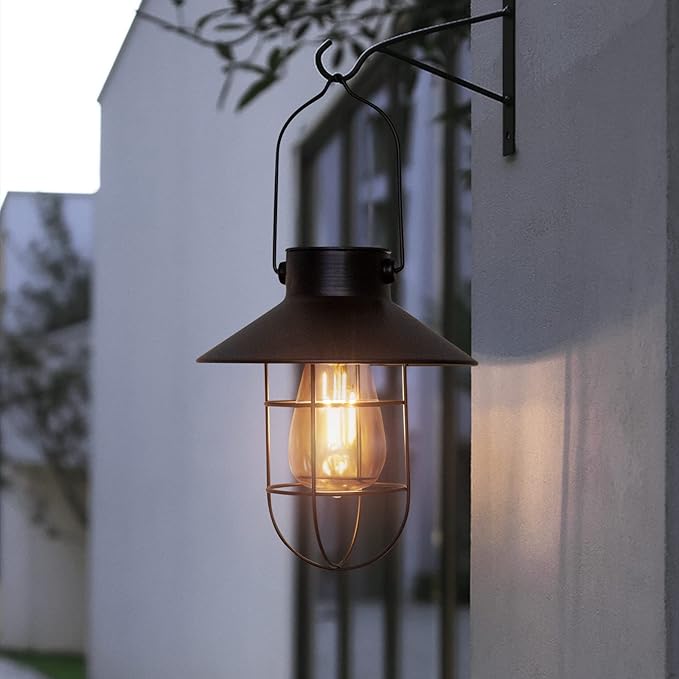 pearlstar Solar Lanterns Outdoor Metal Solar Powered Hanging Lights Waterproof for Wall Yard Garden Patio Garage Balcony Porch Fence Decor, Warm White Edison Bulb,with Wall Mount Kit（Black-1pack）-Ruum Studio Home