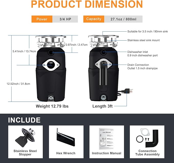 A600 Garbage Disposal 3/4 HP for Kitchen Sink, Food Waste Disposer Fast Continuous Feed Stainless Steel Grind, Quiet, Ease Install, With Power Cord, Powerful Drainage Compact Design 0.75 Horsepower-Ruum Studio Home