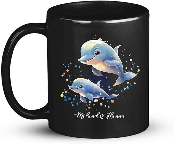 Custom Name Xmas Animal Cup, Cute Dolphins Swimming Design Mug 11oz 15oz, Customized Christmas Dolphins Black Cup, Personalized Animal Lover Coffee Mug, Gift For Newlyweds, Close Friend-Ruum Studio Home