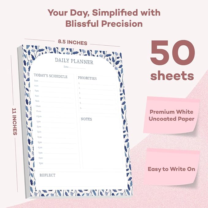 Bliss Collections Daily Planning Pad, To Do List Notebook - Undated Tear-Off Sheets Notepad - Work Calendar, Organizer, Scheduler for Goals, Tasks - Daily Planner (Floral), 8.5" x 11", 50 Sheets-Ruum Studio Home