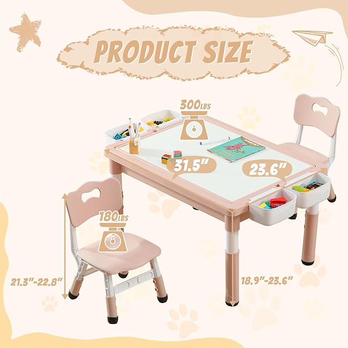 Multi Functional Kids Table and 2 Chairs Set, Graffiti & Building Blocks Double-Sided Tabletop, Toddler Play Table with Drawers, Large Storage Space, Gift for Boys/Girls, Pink-Ruum Studio Home