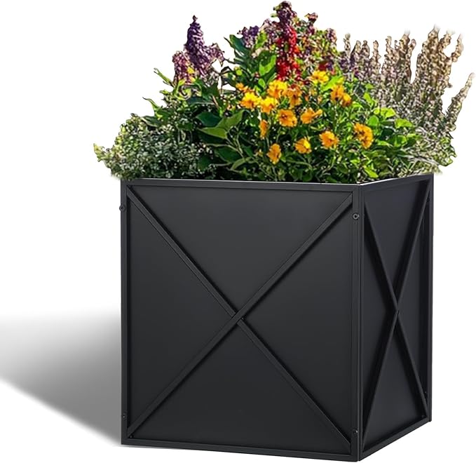 SUNNYPARK Large Metal Planter Box 17”x 17”x 18”, Square Modern Black Metal Planter Box Heavy Duty with Drainage Holes for Outdoor Garden Patio-Ruum Studio Home