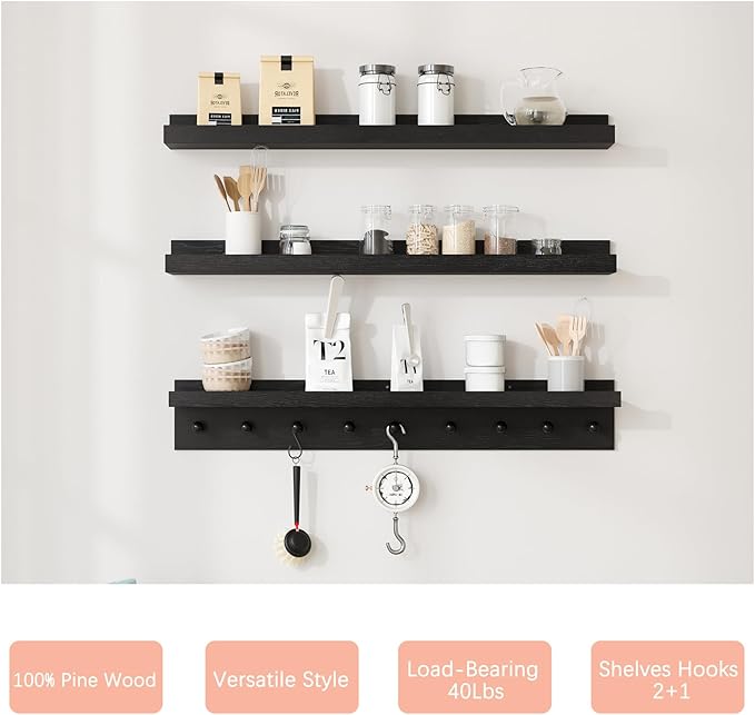 MBYD Black Picture Ledge Shelf with Hooks, 24 Inch Floating Book Shelves Kids Room, Wall Mounted Nursery Bookshelves, Hanging Bookshelf for Bedroom, Living Room, Kitchen, Bathroom Set of 3-Ruum Studio Home