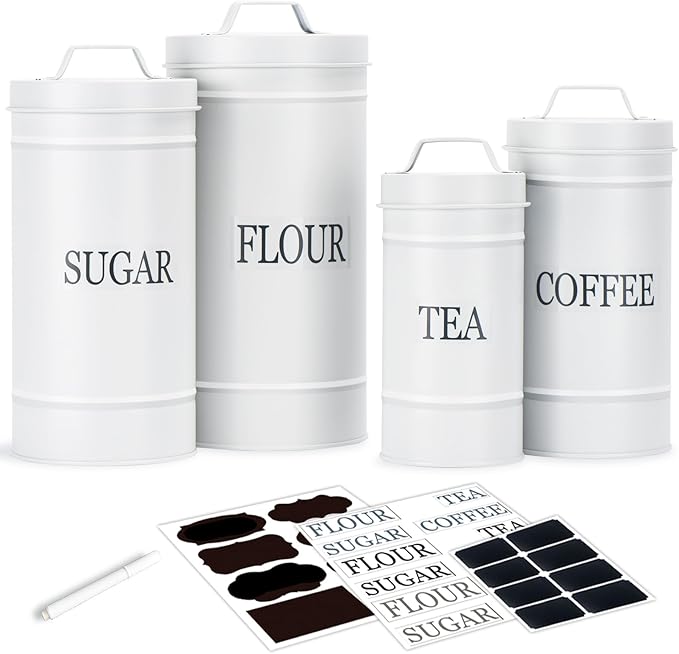 Farmhouse Canister Set for Kitchen Countertop, Airtight Nesting Kitchen Canisters Set of 4, Mental Flour Sugar Coffee Tea Storage Canister Jars, Vintage Country Design, White-Ruum Studio Home
