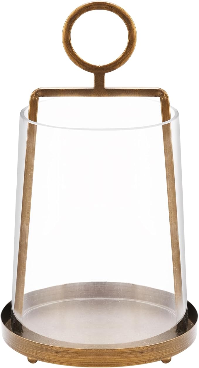 9" Wide Modern Farmhouse Metal Hurricane Candle Holder with Handmade Sturdy Glass Sleeve in Antique Brass for Pillar Candle & Plants, Hurricane Lantern, Industrial, Minimalistic (1, Brass, 9"x14")-Ruum Studio Home