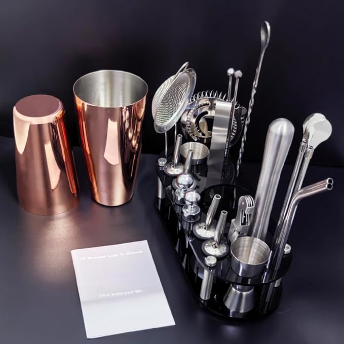 22-Piece Cocktail Shaker Set, 25/20oz Bartender Kit, Bartending Stainless Steel Bar Tools Sets for Drink Mixing, Boston Cocktail Shakers with Stand Recipes Booklet (Rose Gold-25-20oz)-Ruum Studio Home
