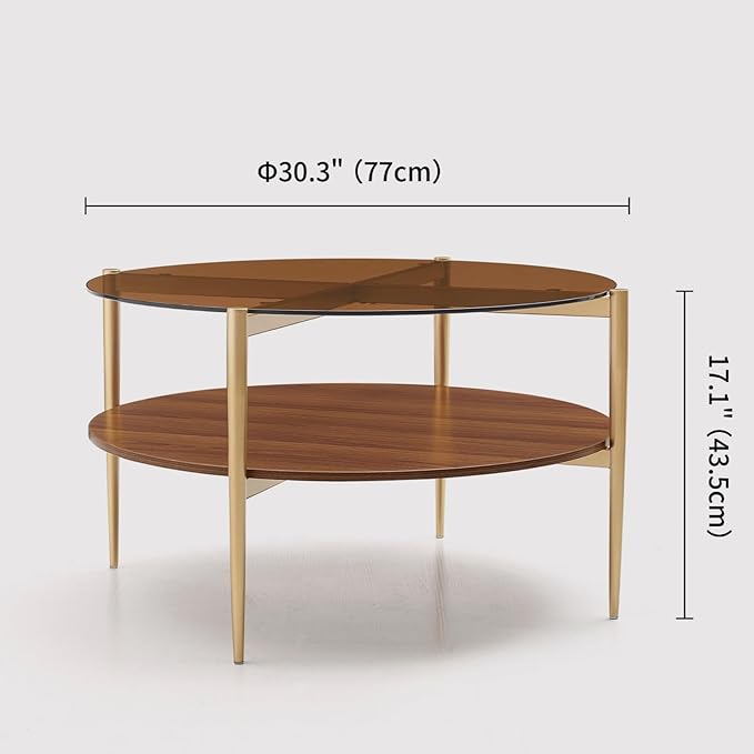 Round Coffee Table, Mid-Century Modern Design, D30 x H17, for Living Room, 2-Tier Structure, Amber Glass Top and Walnut MDF Shelf, Sleek Conical Metal Legs with Gold Finish-Ruum Studio Home