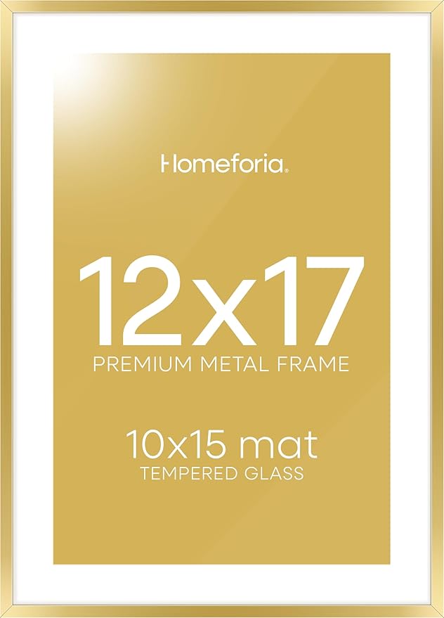 Homeforia 12x17 Picture Frame Gold, High End Metal 12x17 Poster Frames with Mat 10x15 Photo, 12 x 17 Gold Frame Matted to 10 by 15 Print, 17by12 Thin Hanging Frames, Tempered Glass, Wall Kit, Set of 1-Ruum Studio Home