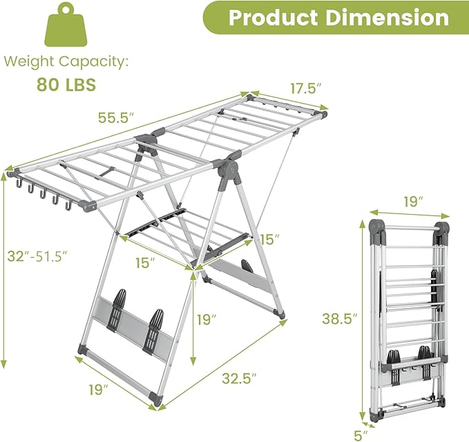 Giantex Clothes Drying Rack, 2-Layer Aluminum Foldable Laundry Drying Rack with 5-Level Adjustable Height, 21 Drying Rails, 10 Side Clips, 4 Shoe Holders, Space Saving Collapsible Laundry Drying Rack-Ruum Studio Home