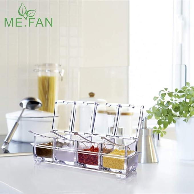 ME.FAN Clear Seasoning Rack Spice Pots - 4 Piece Acrylic Seasoning Box - Storage Container Condiment Jars - Cruet with Cover and Spoon-Ruum Studio Home