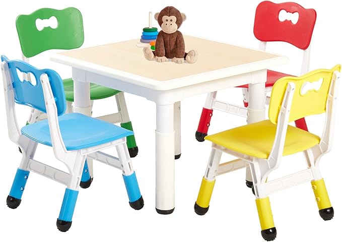 FUNLIO Kids Table and 4 Chairs Set for Ages 3-8, Height Adjustable Toddler Table and Chair Set, Easy to Wipe Arts & Crafts Table, for Classrooms/Homes/Daycares, CPC & CE Approved(5 pcs set)-Multicolor-Ruum Studio Home